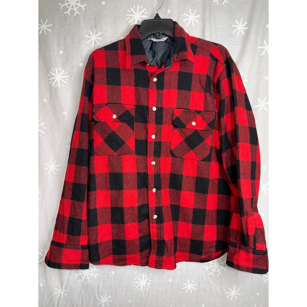 Vintage Cabelas Buffalo Plaid Wool Shirt Jacket Mens Large Red Black Checkered
